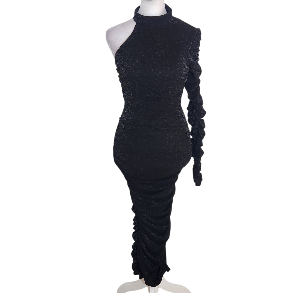 Privy Black One Shoulder Ruched Shimmer Midi Dress Size Medium